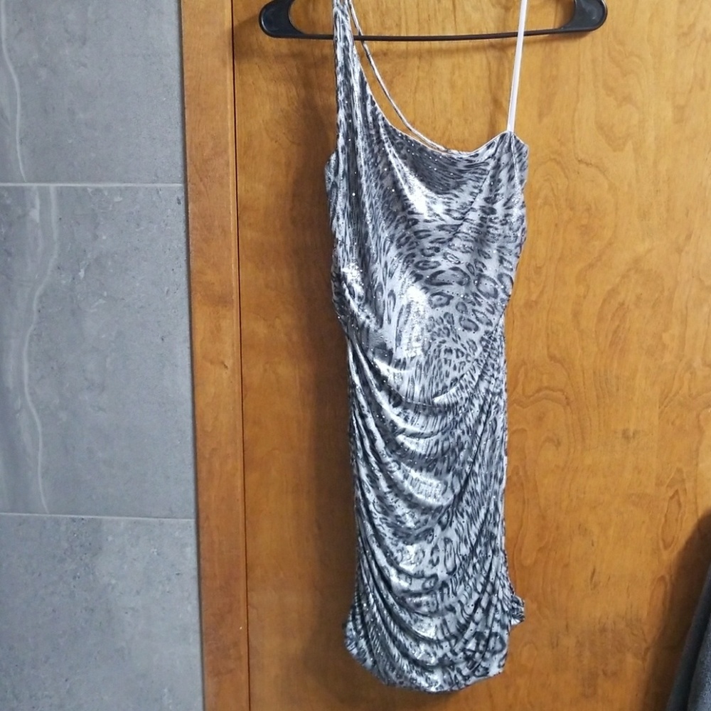Rouched, animal print, mini dress
